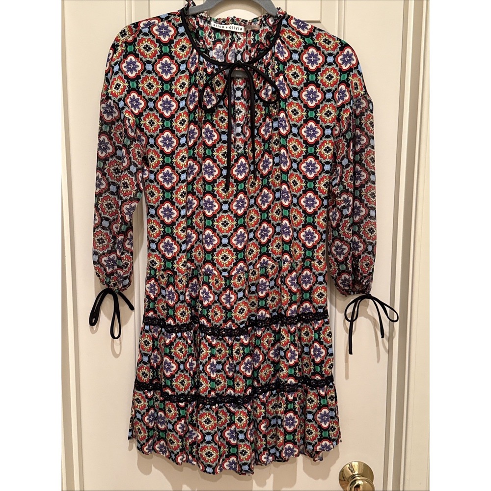 Alice + Olivia Boho Tiered Floral Print Mini Dress XS with Ties Designer Flirty